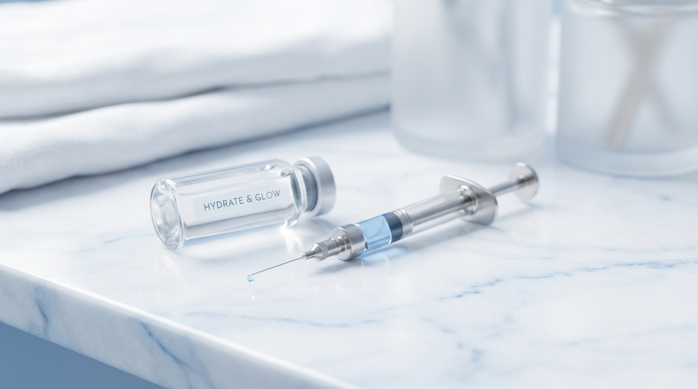 Hydrate and Glow skin booster injection vial and syringe for deep hydration treatment at Elda Silva Medspa Miami