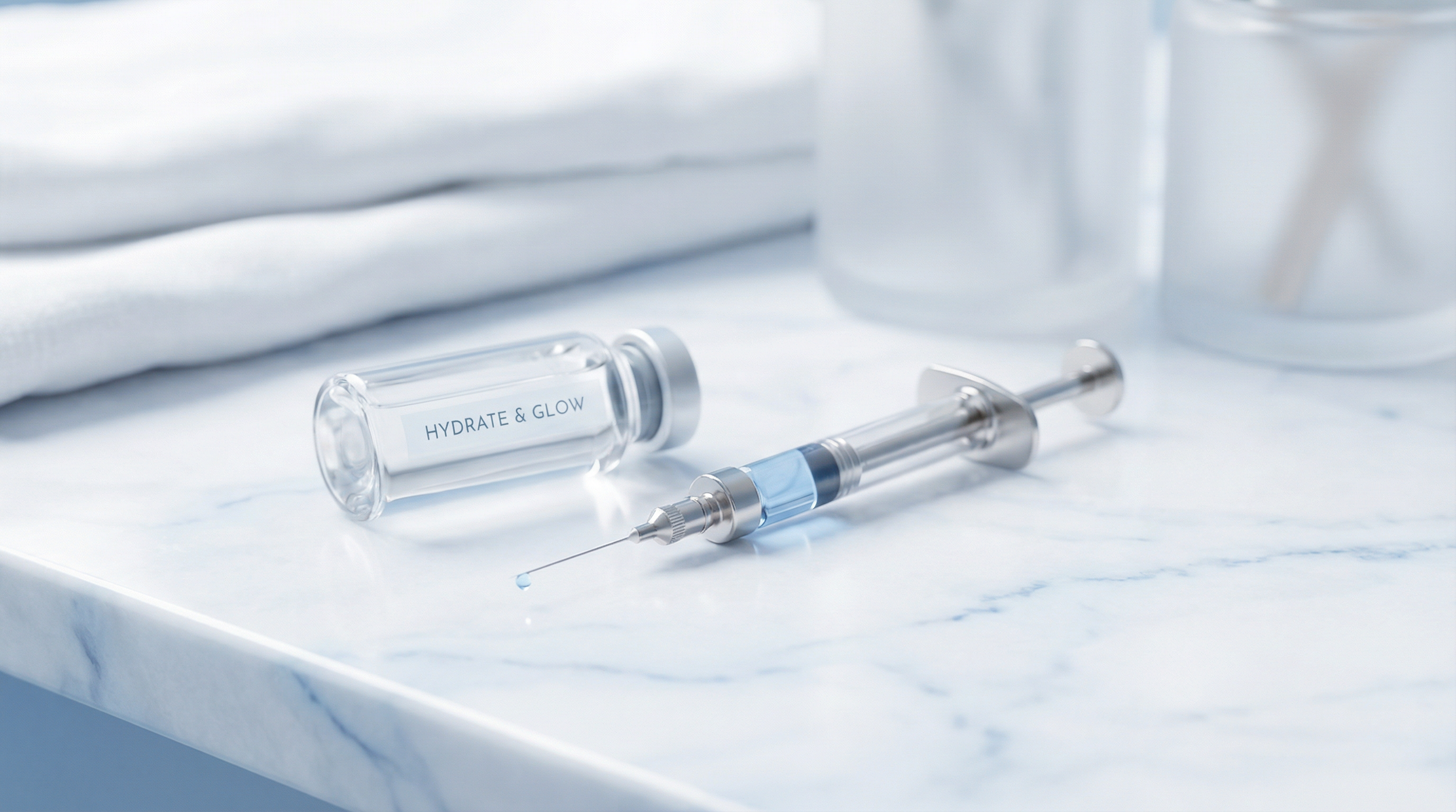 Hydrate and Glow skin booster injection vial and syringe for deep hydration treatment at Elda Silva Medspa Miami